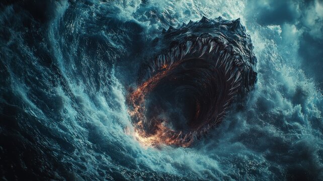 Fierce charybdis creating a massive whirlpool, swallowing everything in its path, symbolizing chaos and destruction.