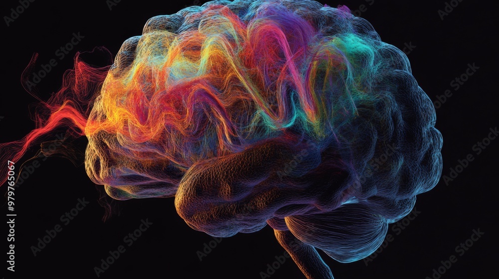 Poster An artistic rendering of a human brain with colorful, flowing neural pathways, illustrating complex cognitive processes and mental activity.