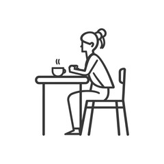 Line art illustration of a woman sitting at a table with a cup of coffee