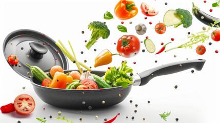 Flying vegetables and frying pan with lid isolated on white background