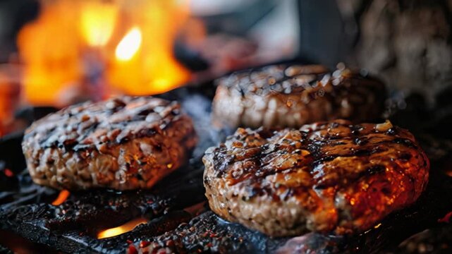 colorful, tasty meat burger with fire in background, fast food concept