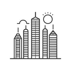 Fototapeta premium Line Art Illustration of City Skyline with Sun and Clouds