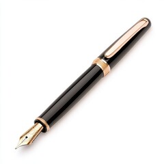 A black pen with gold trim sits on a white background