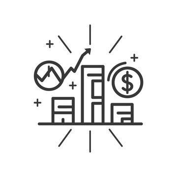 recommend clip art: Line art illustration of financial growth with bars a line graph a dollar sign and plus signs