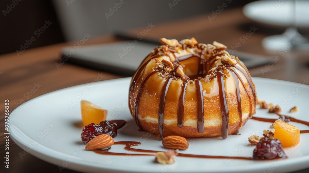 Poster an artistic shot of a donut with a drizzle of caramel or icing, placed on a white plate with a few n