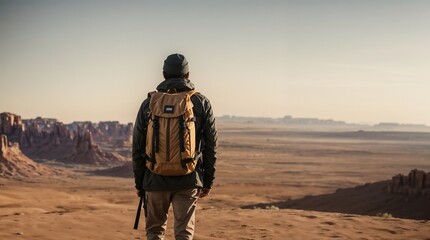 Adventurous man with backpack gazing over a vast desert landscape at sunrise