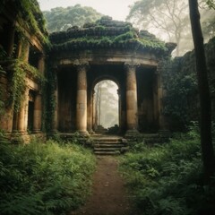 Fototapeta premium Ancient temple ruins enveloped by lush greenery in a misty forest setting