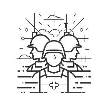 recommend clip art: Line art illustration of three soldiers with helmets and weapons in a battlefield setting