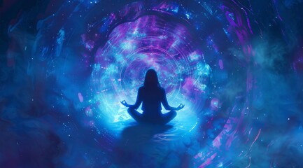 Serene Female Figure Composed of Blue Light in Meditation