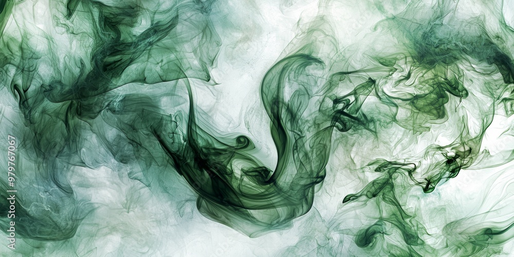 Poster mesmerizing display unfolds as dense green smoke clouds twist and curl against a bright white backgr