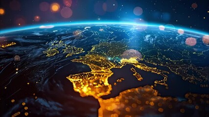 A luminous view of Europe from space, highlighting cities and geographical features against a dark background.
