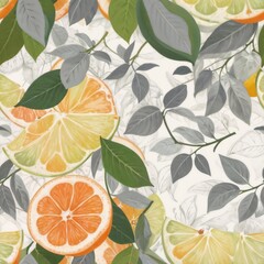Obraz premium Seamless pattern with vibrant citrus slices and green leaves on a light background
