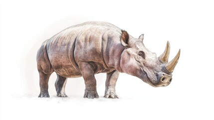 Obraz premium A rhino with a large horn is standing on a white background