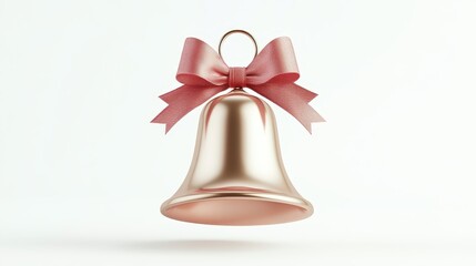 A gold bell with a red ribbon is suspended in midair