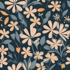 Seamless floral pattern featuring delicate flowers and leaves in soft colors on a dark background