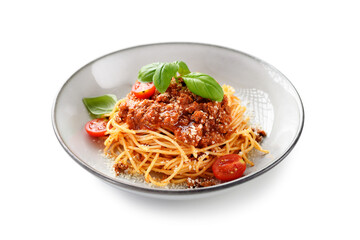 Traditional italian food - spaghetti bolognese with fresh basil leaves and parmesan cheese. isolated on white background