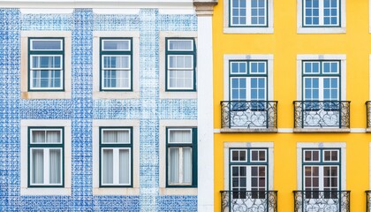 Obraz premium A street in Porto lined with buildings adorned in azulejos, each one unique with hand-painted floral and geometric designs in rich blue, yellow, and green hues