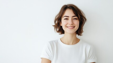 Obraz premium Cheerful young woman with short hair smiles warmly in a bright, minimalistic indoor space