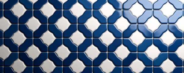 Fototapeta premium A wall in a Moroccan riad covered with zellige tiles in shades of cobalt blue and white, forming intricate, repeating geometric patterns typical of Islamic art