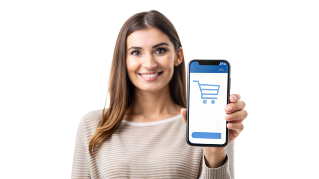 Smiling woman holding a smartphone with an online shopping app on the screen.