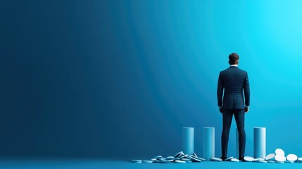 A businessman standing over broken financial pillars, symbolizing rate-induced monetary decline