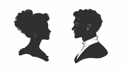 Vintage silhouette profile of victorian woman and man. elegant silhouette of a female and male lovers. bun hairstyle. monochrome gamma. ai generated. Silhouette. Illustration