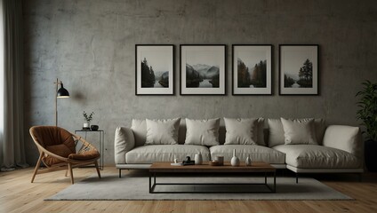 Minimalist interior with three empty frames and a cozy sofa.