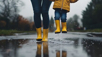 Photo of a mother and child wearing yellow rain boots jumping in puddles on an overcast day