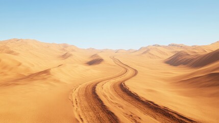 A photorealistic perspective of a vast desert, with a single dirt road winding its way through the sand dunes. The sky is clear and blue, with the sun casting harsh shadows across the dunes