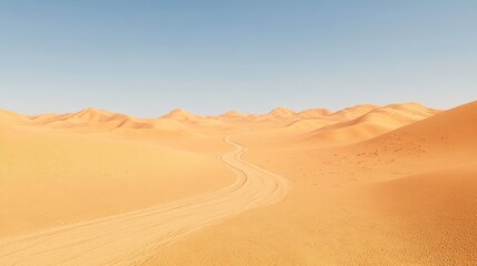 A photorealistic perspective of a vast desert, with a single dirt road winding its way through the sand dunes. The sky is clear and blue, with the sun casting harsh shadows across the dunes