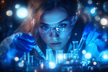 Scientist working in a laboratory with test tubes and glassware.