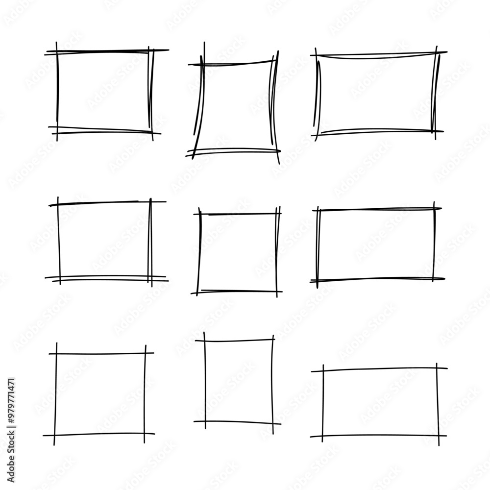 Poster a black and white drawn graphic linear illustration of a set of rectangular frames isolated on a whi