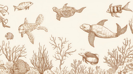 Vintage-inspired pattern with hand-drawn sea creatures and coral reefs. Sepia Tones. Illustration