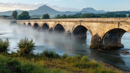 Fototapeta premium A perspective shot of an ancient stone bridge crossing a wide river, with mist rising off the water and mountains in the distance