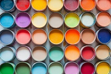 Overhead view of colorful paint cans, neatly arranged, showcasing a rainbow of options for artists