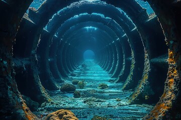 A long tunnel with a blue color