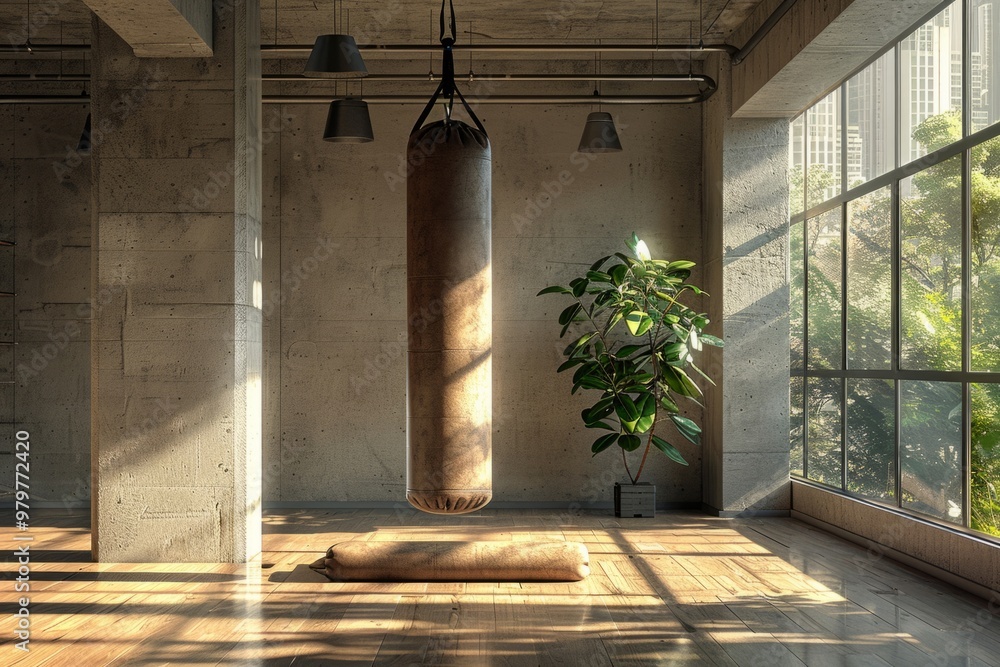 Poster sunlight is streaming through the windows of an empty boxing gym