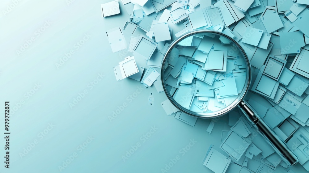 Poster magnifying glass hovering over a cluster of digital files, symbolizing data analysis and information