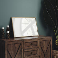 Mock-up frame standing on commode in dark green home interior close up, 3d render
