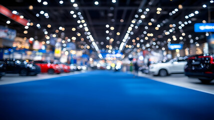 Abstract Blurred Background of a Car Show with Lights and a Blue Carpet