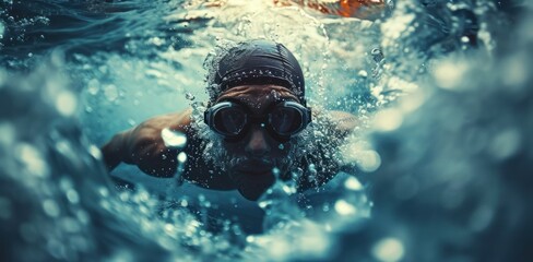 Athlete swimming underwater with goggles in a dynamic motion captured during training