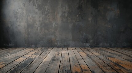 A dark industrial room with a rough textured concrete wall and worn wooden floors, creating a moody, rustic atmosphere with minimal lighting, evoking a vintage and raw aesthetic
