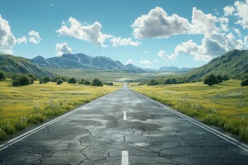 Empty asphalt road crossing spring meadow leading to mountains