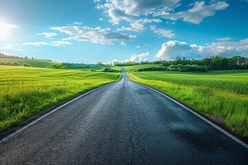 Naklejka premium Narrow asphalt road leading through green fields into the forest on sunny summer day
