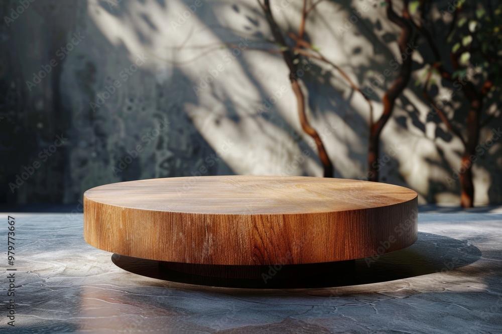 Poster empty round wooden podium displaying products with window light