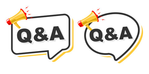 Q and A symbol with megaphone banner. Loudspeaker with speech bubble. Marketing and advertising tag Vector