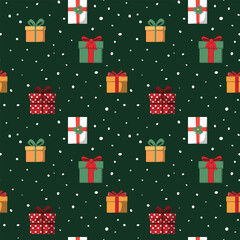 Christmas gift boxes and white snowflakes. Vector seamless pattern on green background. For textile, wrapping paper, packaging, backdrop, wallpaper.