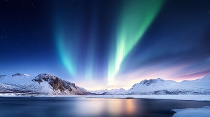 Naklejka premium Aurora Borealis, northern sky illuminated, deep winter night.