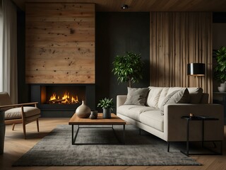 Modern living room with a wooden wall clock and green plant near a warm fireplace.