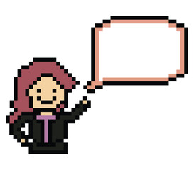 Cute pixel 8bit character woman with chat blank say talk vector decoration 8 bit female girl think speak discuss idea chat box cartoon pixel game png vector.